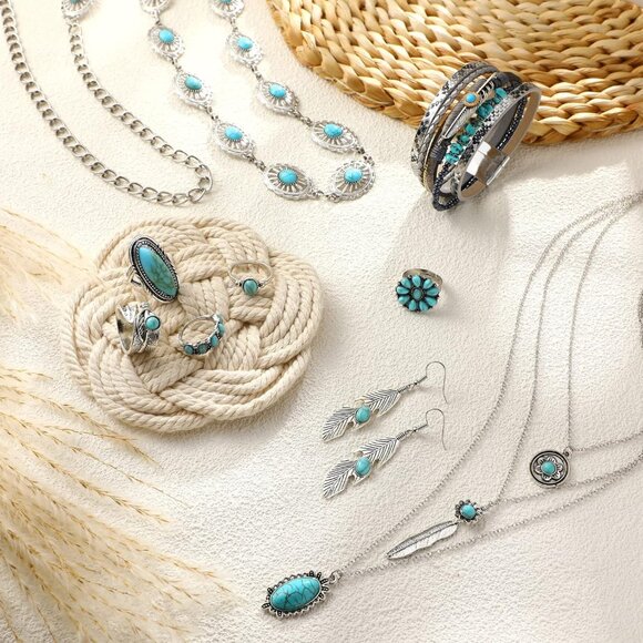 9 Pcs Western Turquoise Jewelry Set Necklace Earrings Rings Waist Chain - Picture 5 of 6